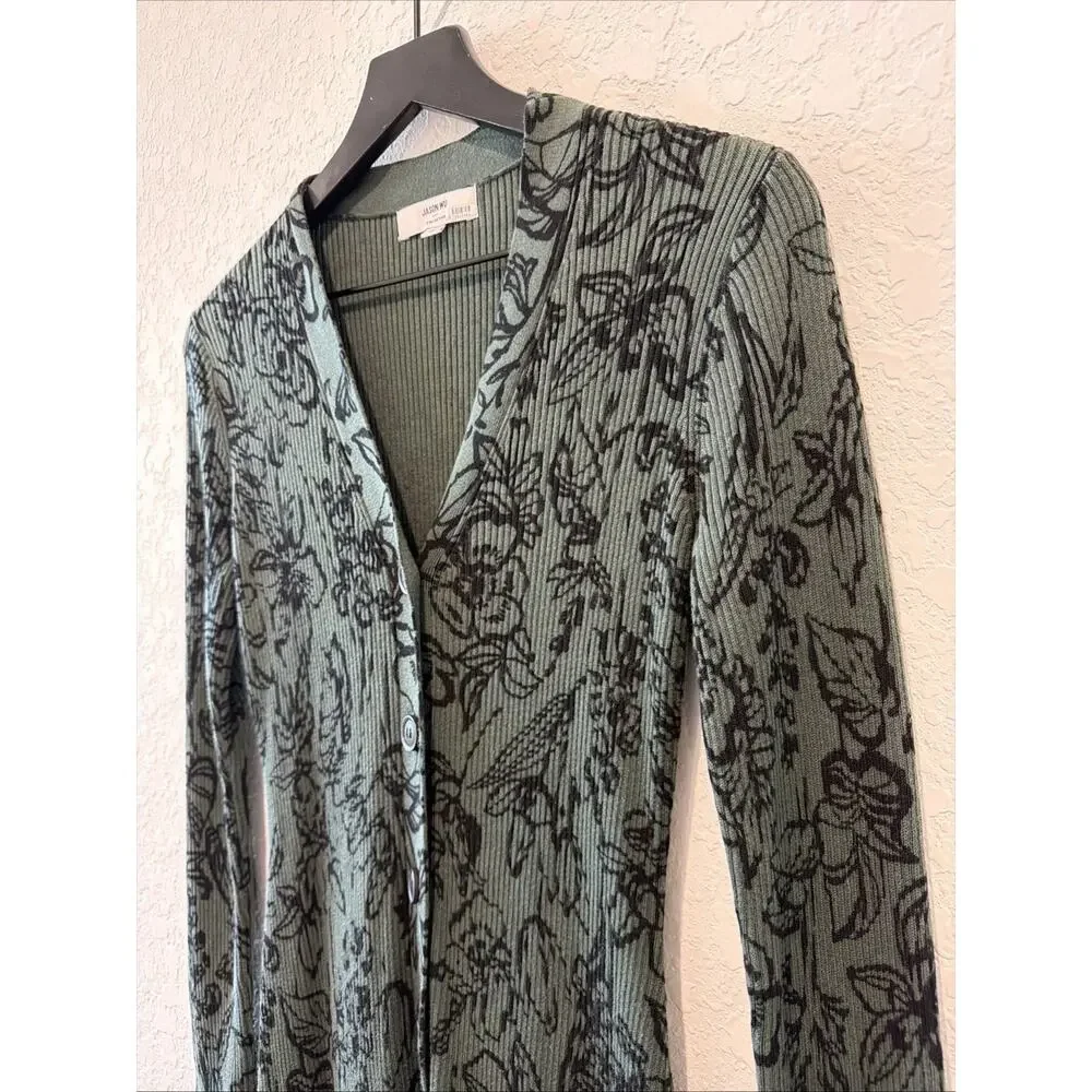 Jason Wu Collective Dark Green Black Floral Midi Maxi Button Front Dress Medium